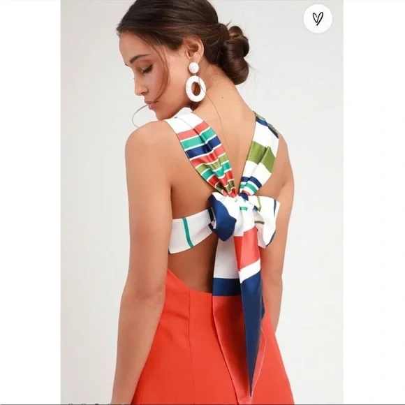 Lulus Joyful Red Orange Multi Stripe Tie-Back Mini Dress Size XL - Picture 8 of 9